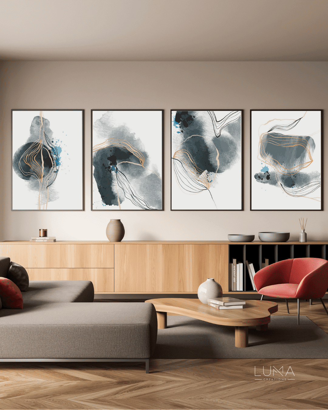 Blue Ink Lines Abstract Art Set