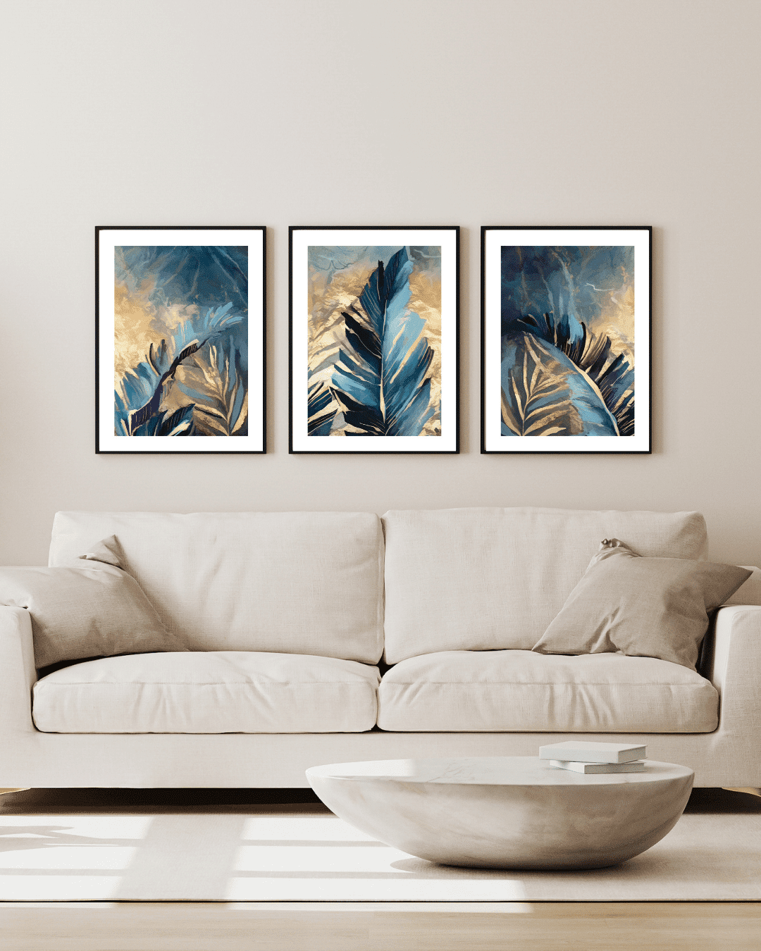 Blue Gold Leaves Abstract Art Set