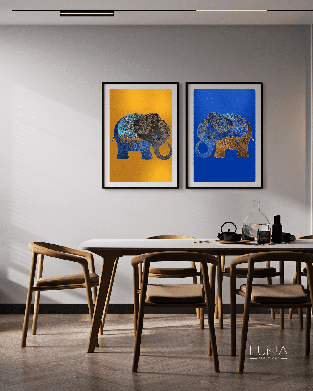 Blue and Gold Elephants Animal Art Set of 2