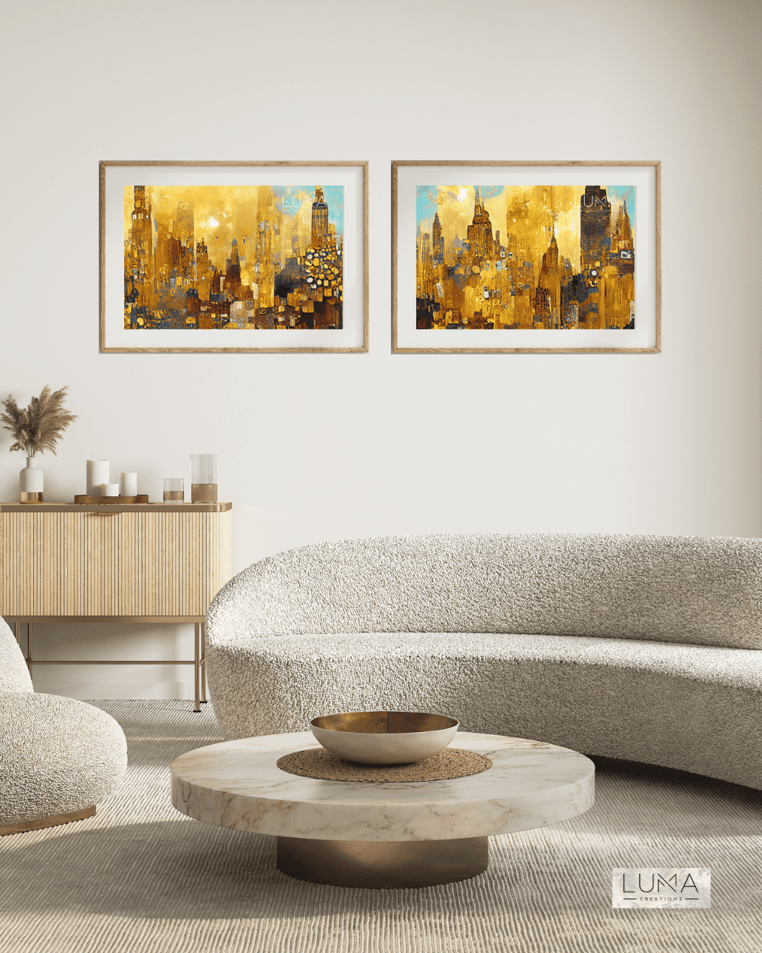 Gold and Teal City Lanscape Artwork Set of 2